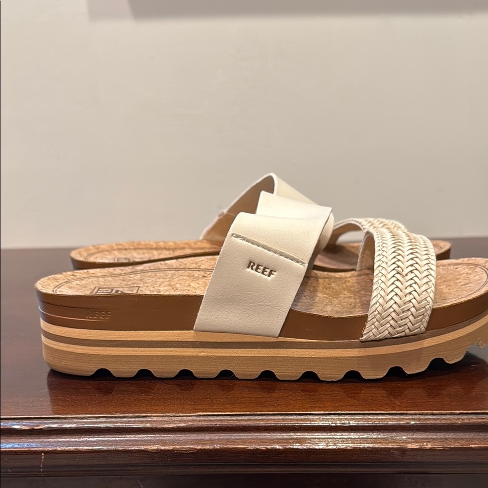 Reef Cream and Tan Platform Sandals with Textured Straps